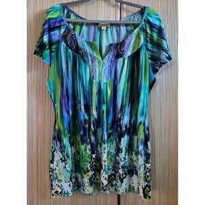 One World Women's Top Size 1X Blue Green Studded Bling Flattering Jewel Tone EUC